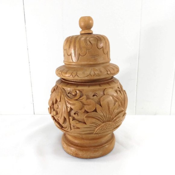 Handcarved Blonde Wood Ginger Jar Urn Romantic - Picture 1 of 6